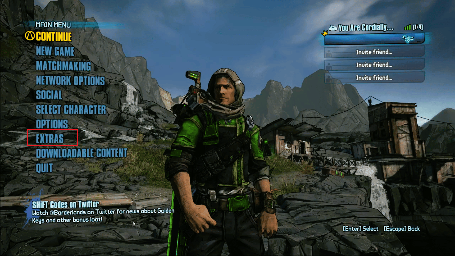 clique em Extras no jogo Borderlands 2