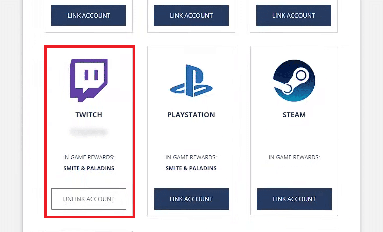 LINKED ACCOUNTS ページに戻ります。このようにして、Smite アカウントが正常にリンクされました