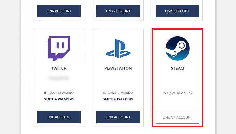 Vei reveni la pagina CONTURI LEGATE cu contul Smite conectat la Steam