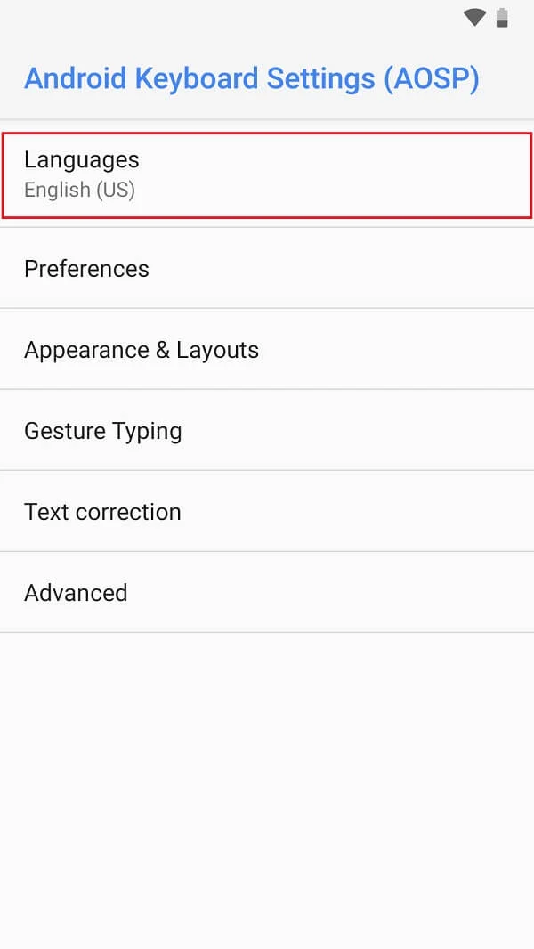 Nel menu Impostazioni tastiera Android, tocca "Lingue".