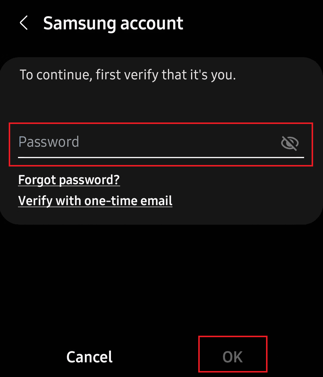 Inserisci la password del tuo account Samsung e tocca OK