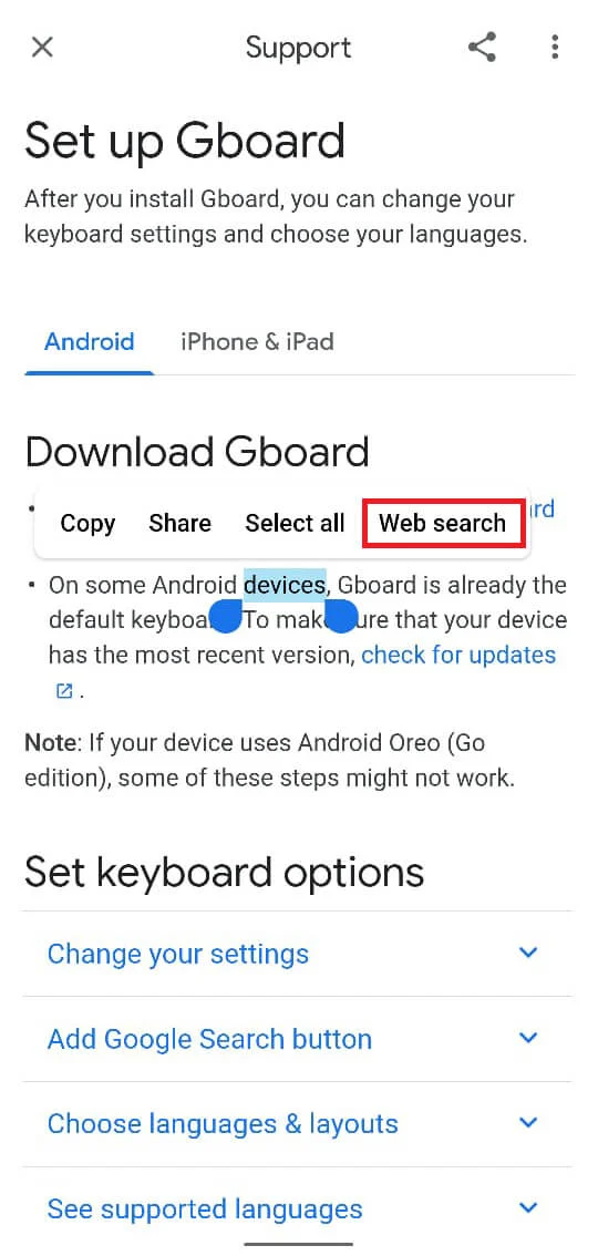 appuyez et maintenez sur un seul mot jusqu'à ce qu'il soit en surbrillance. Dans les options qui apparaissent sur le mot, appuyez sur "Recherche Web". | Comment réinitialiser le Samsung Galaxy S8 sans compte Google