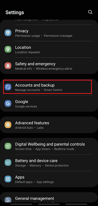 Toque em Contas e faça backup das configurações da Samsung | Como redefinir o Samsung Galaxy S8 sem uma conta do Google