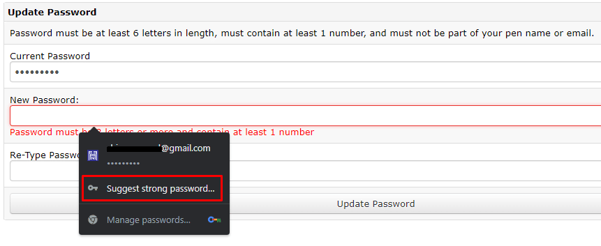 輸入您當前的密碼，並讓谷歌通過單擊建議強密碼選項為您建議一個強密碼。