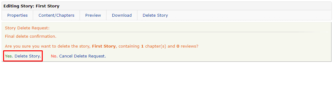 Um die Fanfiction-Story endgültig zu löschen, klicken Sie auf die Option Ja, Story löschen.
