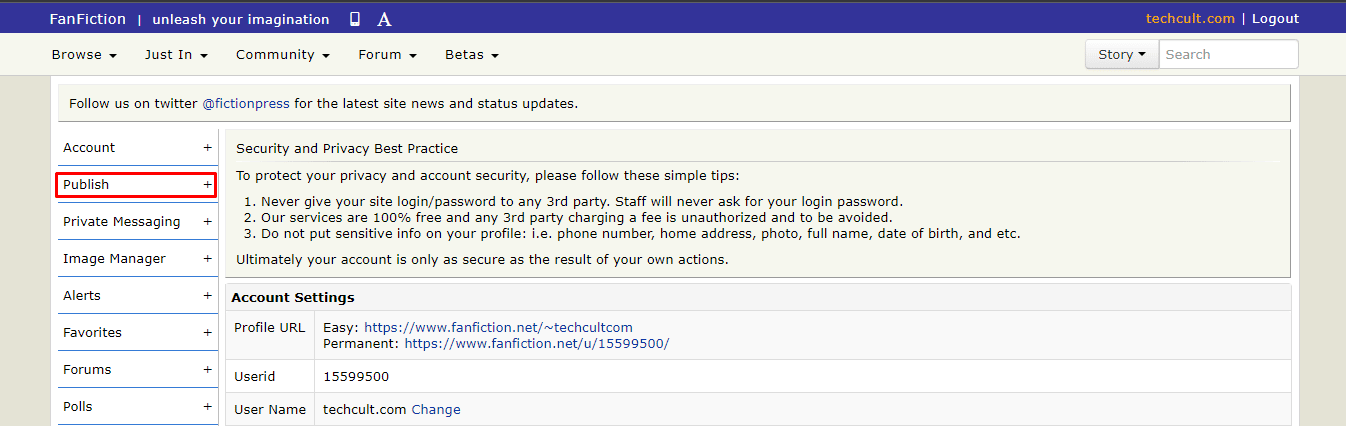 Haga clic en la opción Publicar en la barra de menú del lado derecho. | Cómo eliminar una cuenta de FanFiction.Net