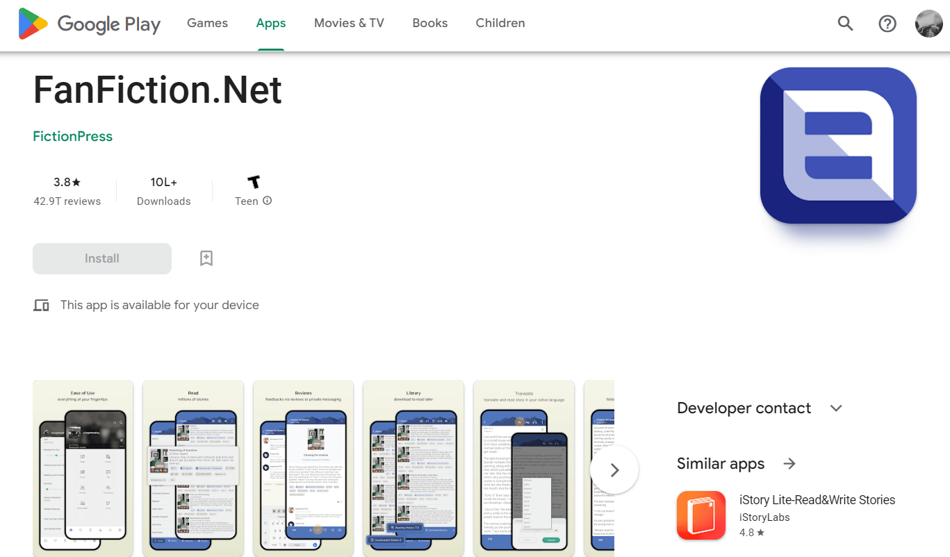 تطبيق FanFiction.Net Play Store