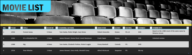 Modelo Excel de lista de filmes