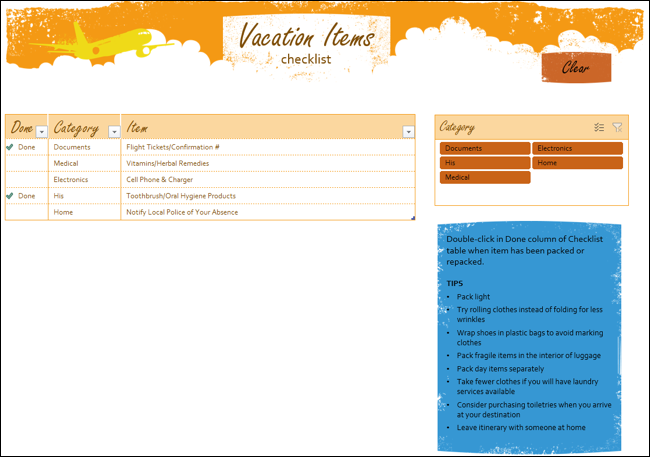 Modello Excel di elenco di controllo degli articoli per le vacanze