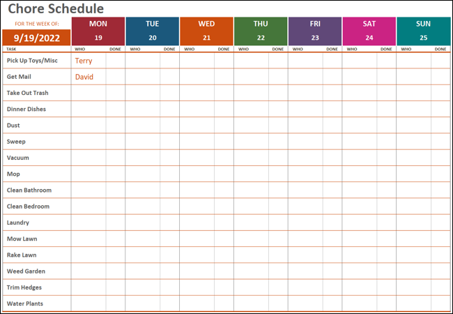 家務計劃 Excel 模板