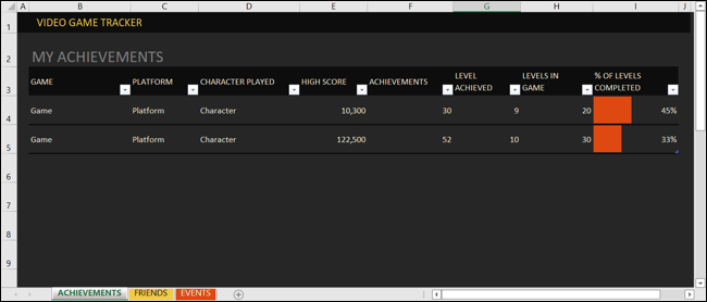 Modello Excel di tracciatore di videogiochi