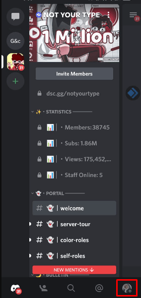 Ardından, alt gezinme çubuğu menüsünden, kullanıcı ayarlarına erişmek için Discord avatar seçeneğini tıklayın.