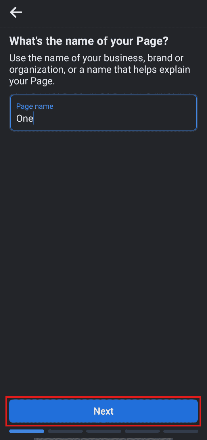 Ingrese el nombre de la página y toque Siguiente. | ¿Pueden dos cuentas de Facebook tener el mismo correo electrónico?