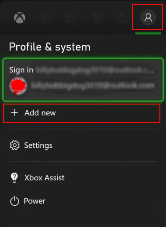 Na guia Perfil e sistema, selecione Adicionar novo | reconectar ao Xbox Live