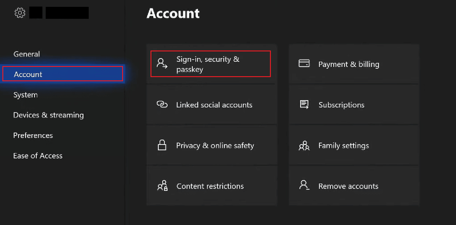 Wählen Sie die Registerkarte Konto – Anmeldung, Sicherheit und Hauptschlüssel | Wie stellen Sie Ihr altes Xbox One-Konto wieder her?