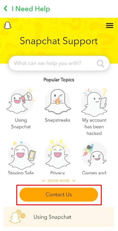 toque em Fale Conosco. | O que é um Portal de Conta do Snapchat?