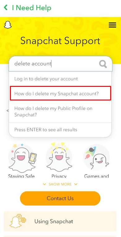 Selecione a pergunta Como faço para excluir minha conta do Snapchat? | O que é um Portal de Conta do Snapchat?