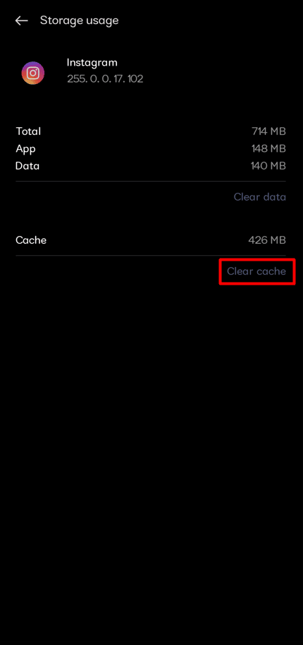 Appuyez sur Effacer le cache pour supprimer toutes les informations mises en cache. - Effacez votre cache Instagram. 6