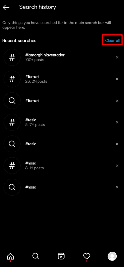 แตะที่ล้างทั้งหมด | ลบการค้นหาที่คาดคะเนบน Instagram