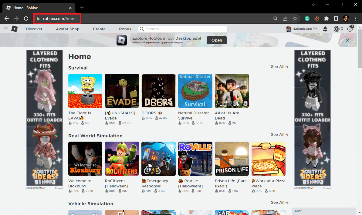 Buka Google Chrome dari menu mulai dan kunjungi situs web resmi Roblox