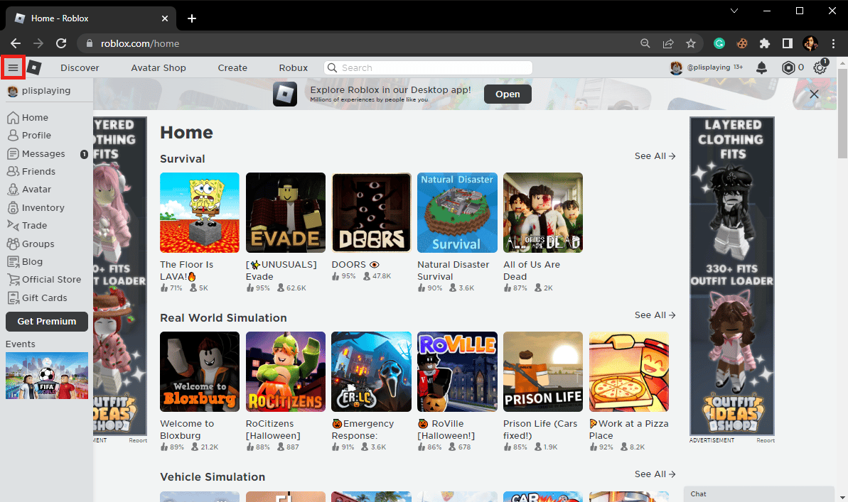 Di beranda Roblox cari dan klik ikon tiga bilah untuk membuka opsi Menu