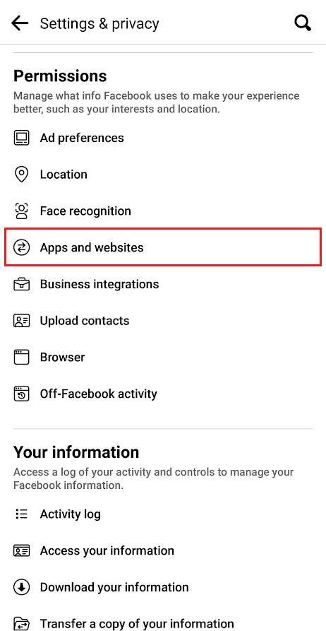 Deslice hacia abajo y toque Aplicaciones y sitios web en la sección Permisos