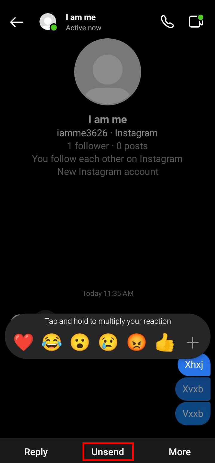 Toque em Unsend para cancelar o envio de sua mensagem do Instagram.