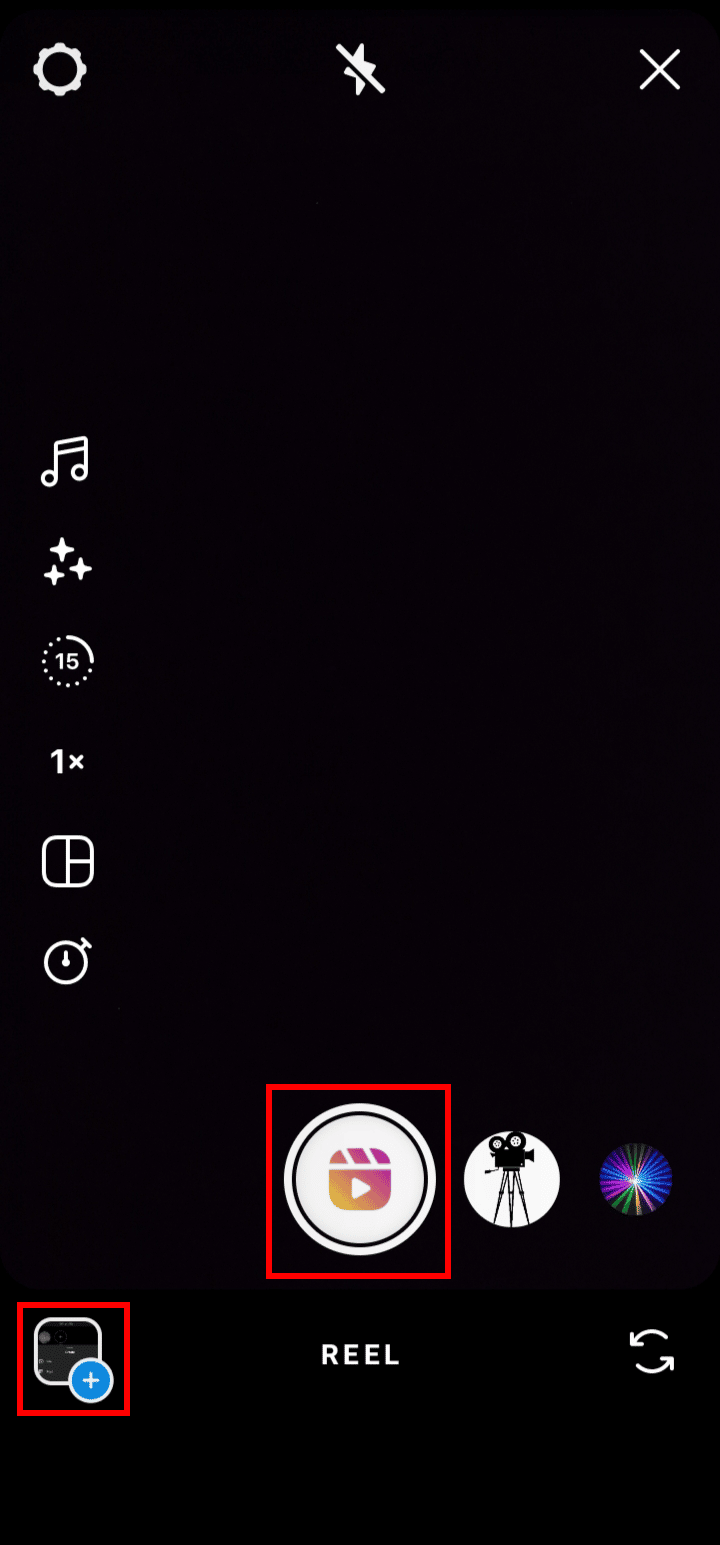 Toque el ícono Reel y grabe el video o toque el ícono Agregar imagen/video en la parte inferior izquierda de la pantalla. | Cómo pausar carretes de Instagram