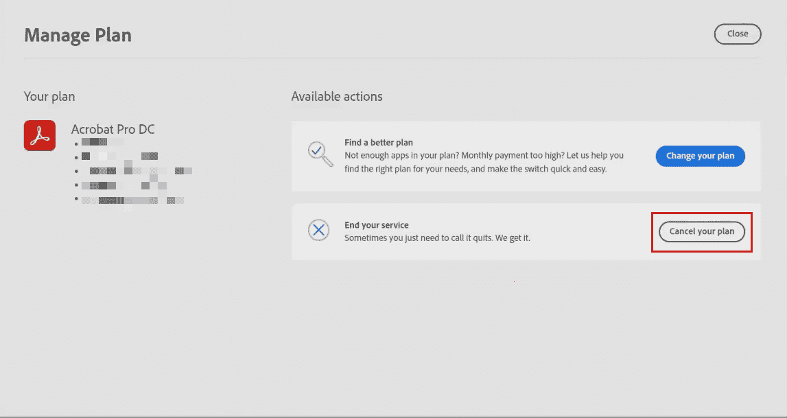 Fai clic su Annulla il tuo piano dall'opzione Termina il tuo servizio