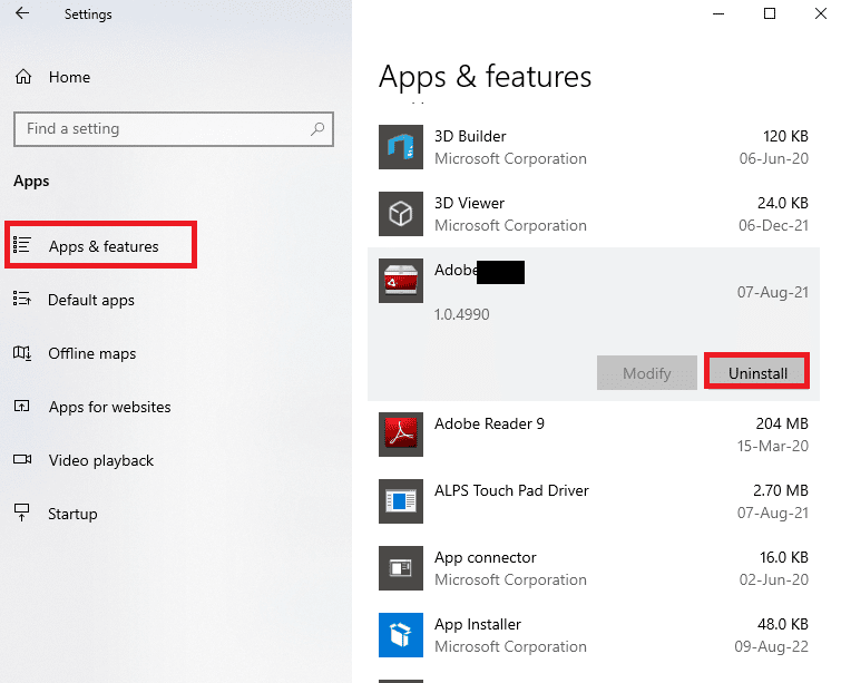 fai clic sull'app Adobe CC e fai clic sul pulsante Disinstalla