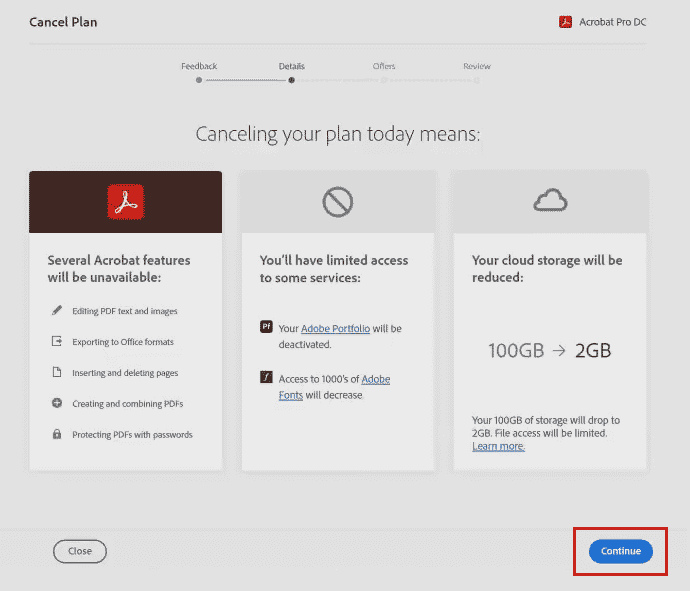 clicca su Continua dalla pagina Annullare il tuo piano oggi significa | disinstalla Adobe in Windows 10