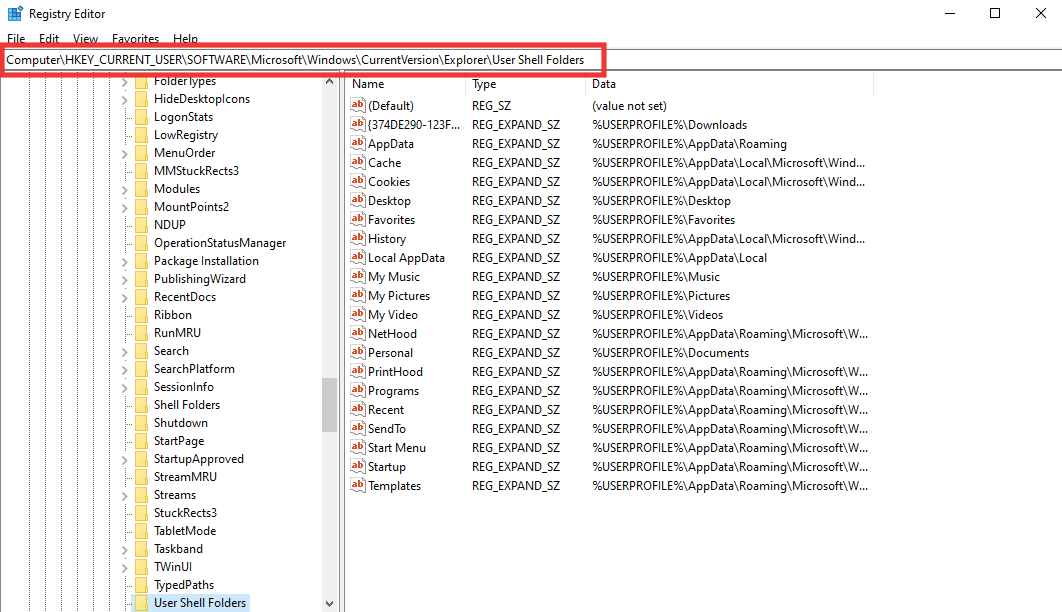 ไปที่ User Shell Folders ใน Registry Editor