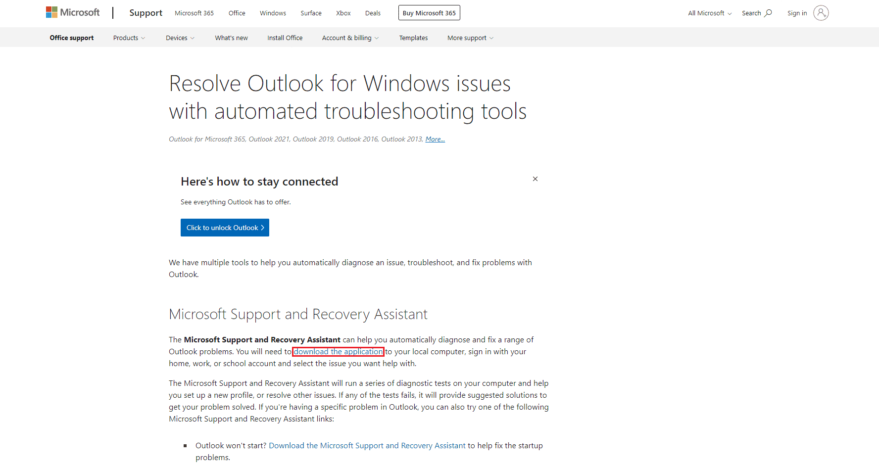 Microsoft Support and Recovery Assistant ツールをダウンロードする