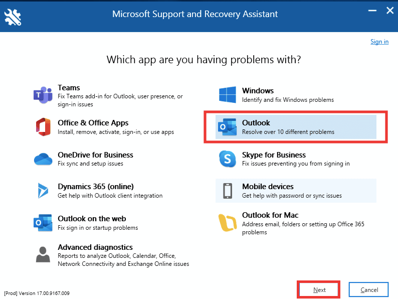 Выберите Outlook и нажмите «Далее». 8 способов исправить Outlook, это недопустимая ошибка имени файла