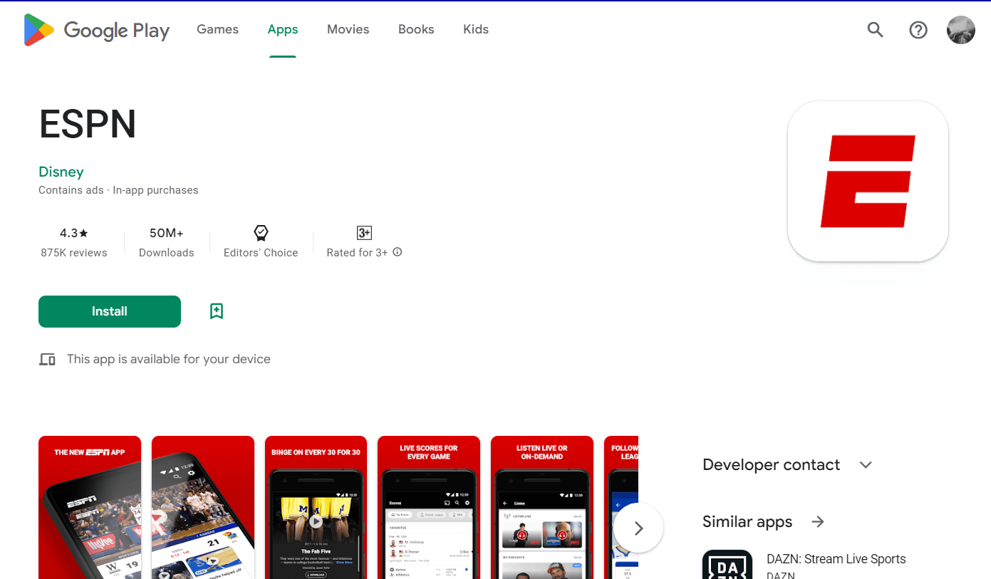 Google Play Store'da ESPN