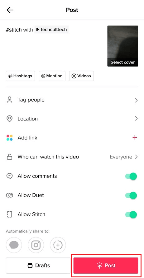 投稿をタップ |カメラ ロールから TikTok ドラフトに動画をアップロードする