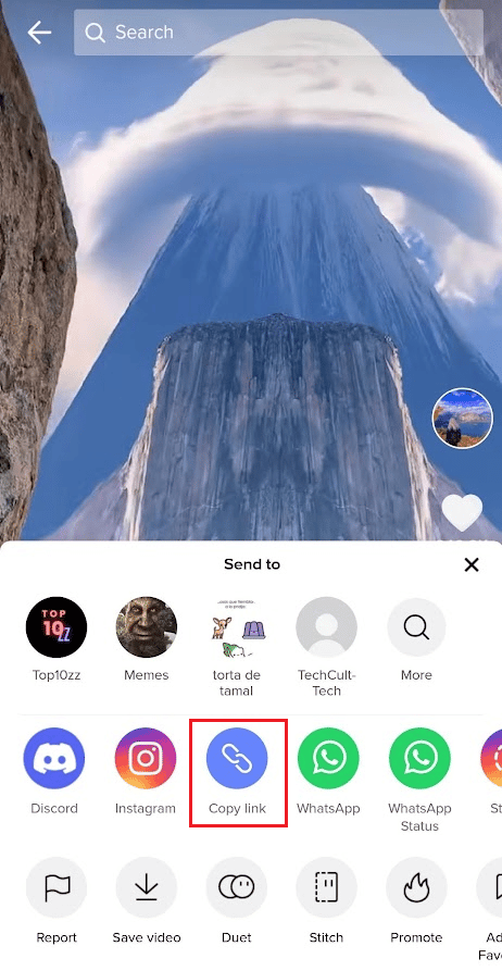 Toque em Copiar link para copiar o link deste vídeo com o qual você deseja fazer um dueto | Como fazer dueto no TikTok com um vídeo salvo