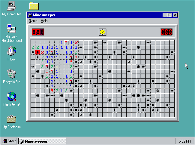 o imagine a Minesweeper în modul Expert în Windows 95.