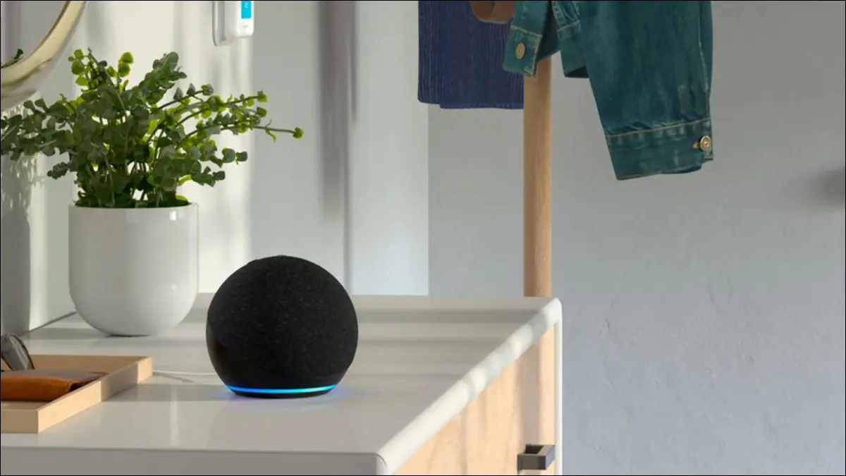 Un Amazon Echo posé sur une commode.