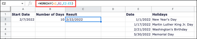 Fórmula WORKDAY com feriados