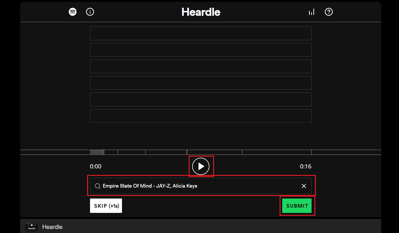 คลิกที่ไอคอนเล่น - ป้อนชื่อศิลปินหรือชื่อเพลงในแถบค้นหา - ค้นหาศิลปินที่ถูกต้องจากรายการแล้วคลิก ส่ง | วิธีดูไฟล์เก็บถาวรของ Heardle