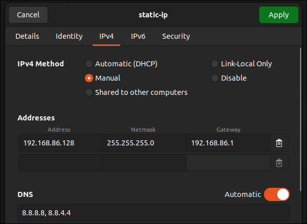 Вкладка IPv4 диалога настроек подключения