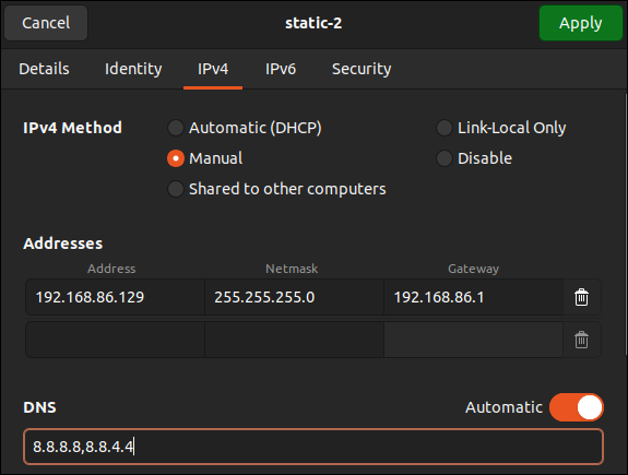 [新しいプロファイル] ダイアログで IPv4 接続の詳細を新しい接続プロファイルに提供する