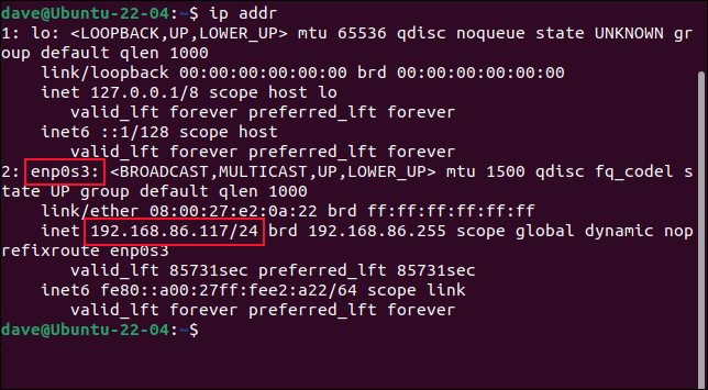 L'output del comando ip addr che mostra l'indirizzo IP del computer