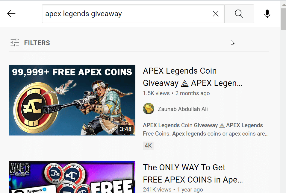 página do youtube de sorteio apex legends