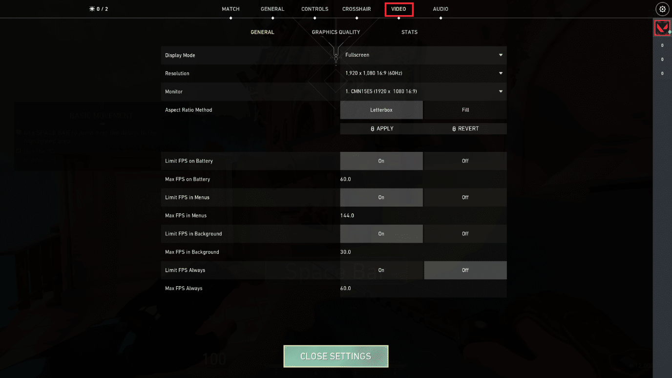 Apri la pagina Impostazioni. Seleziona la scheda Video dalla barra dei menu in alto | Come utilizzare la vivacità digitale in Valorant