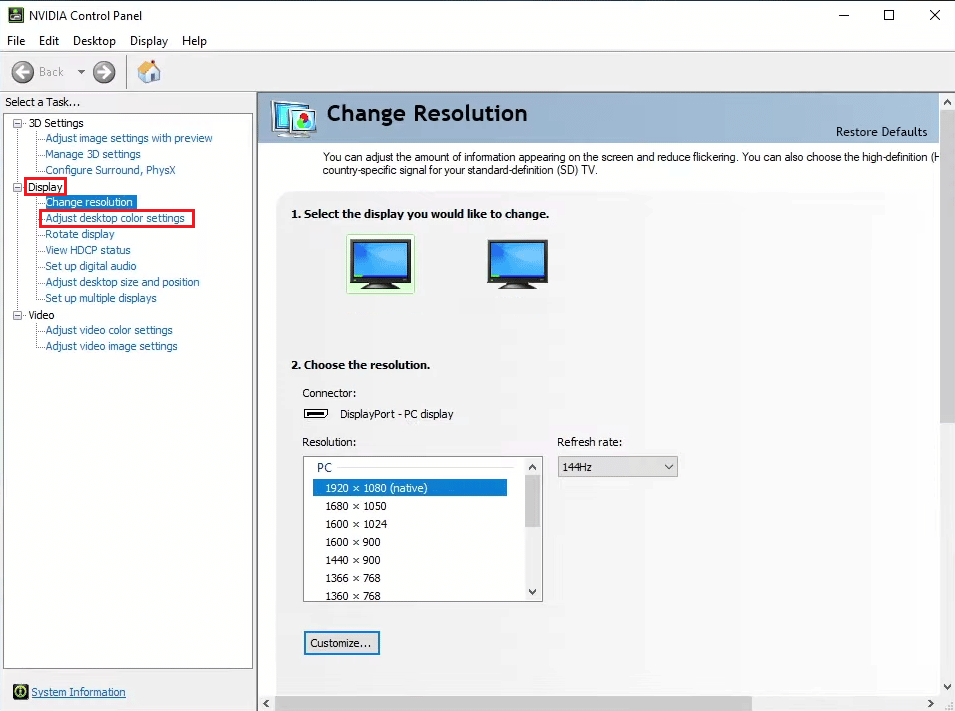 di bawah Tampilan, klik Sesuaikan pengaturan warna desktop | meningkatkan vibrance di Valorant