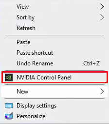 Clique com o botão direito do mouse na tela da área de trabalho para abrir o menu de contexto e clique em NVIDIA Control Panel