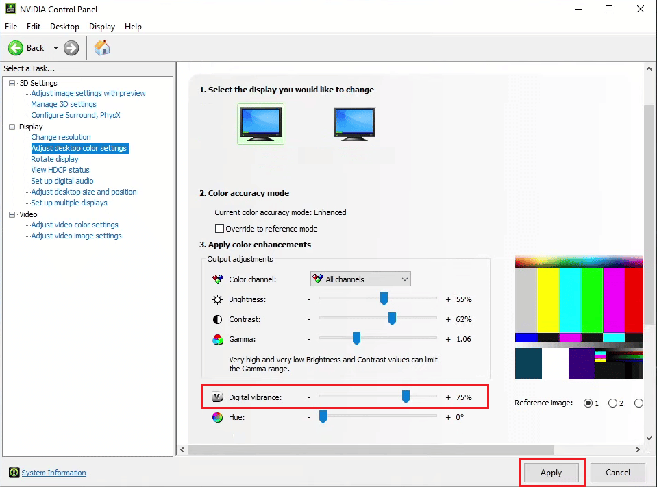 deplasați glisorul în partea dreaptă pentru Vibranță digitală - reglați luminozitatea, contrastul, nuanța și gama - aplicați