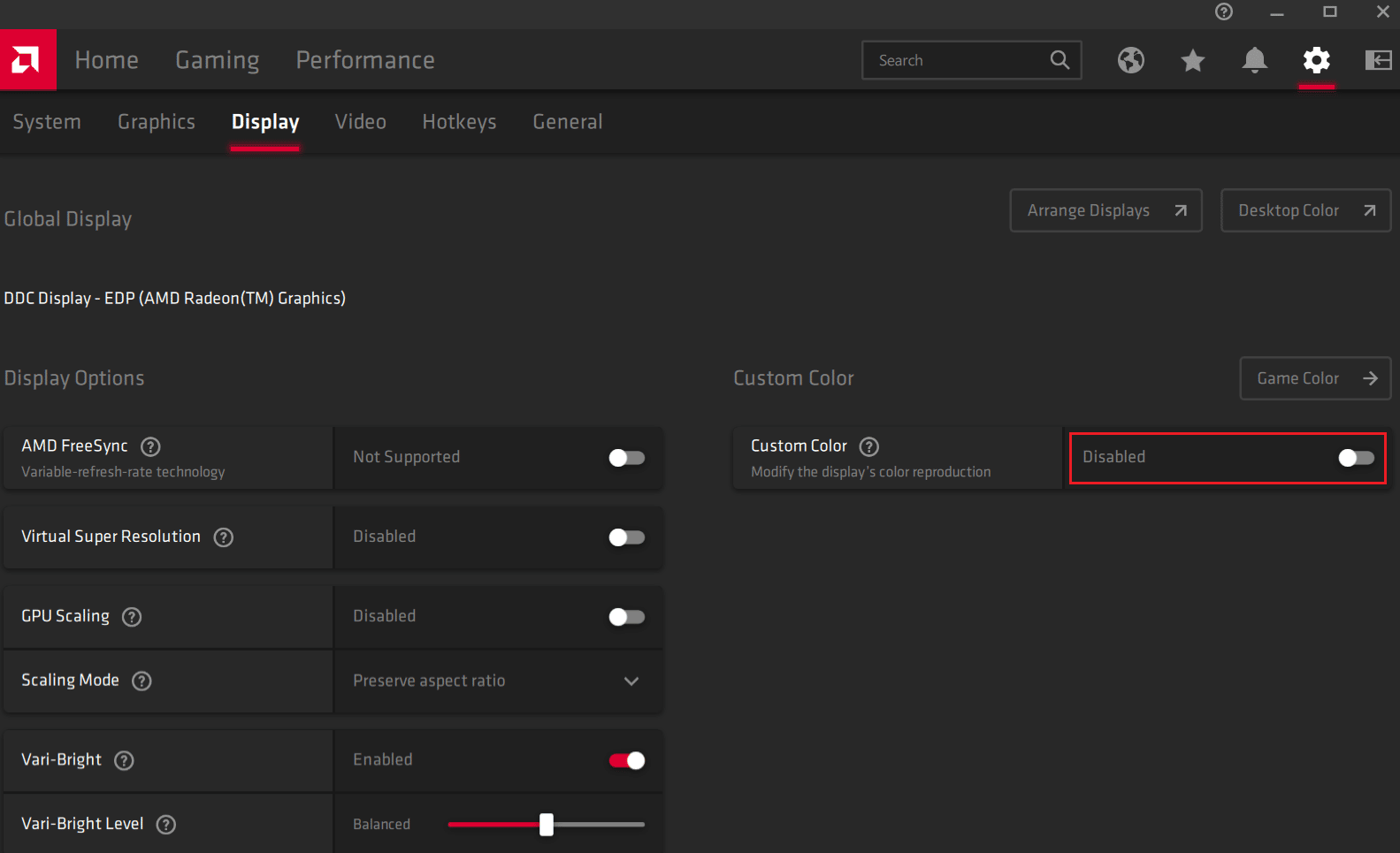 Aktifkan sakelar untuk opsi Warna Kustom dari sisi kanan layar | Cara Menggunakan Digital Vibrance di Valorant